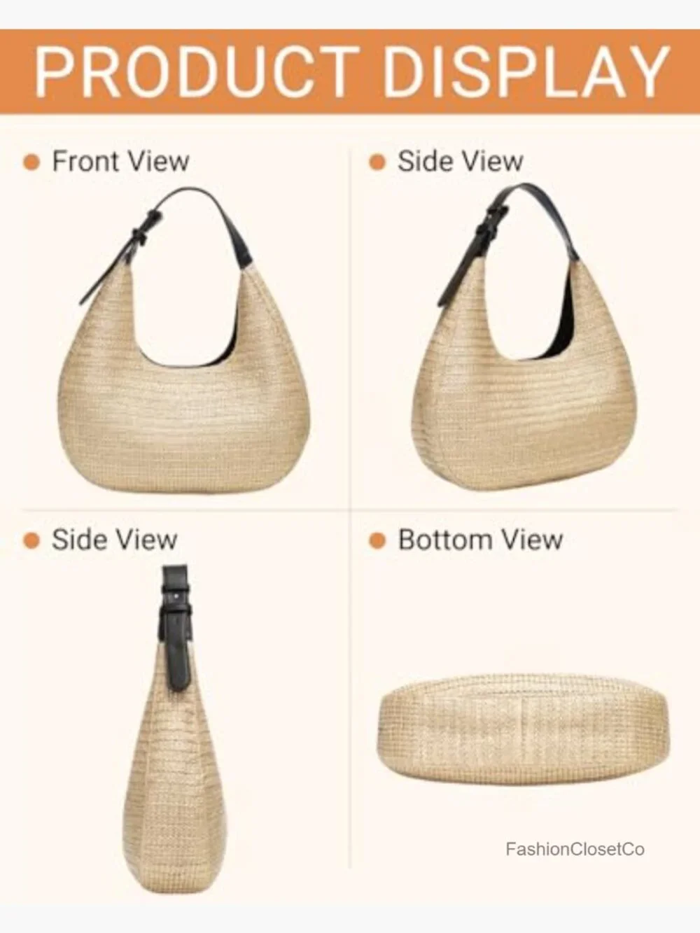Hobo Crescent Straw Handbag with Adjustable Strap